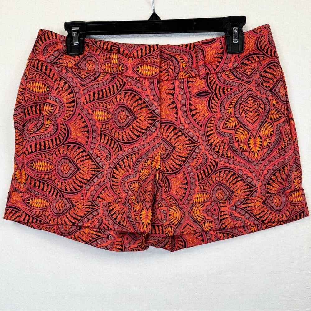 New York & Company City Shorts Womens Size 4 Red Orange Black Boho Print Cuffed